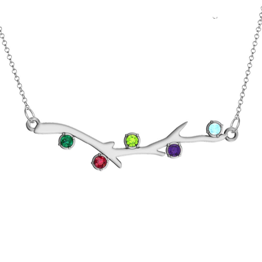 Personalized Family Tree Branch Pendant with Up to 6 Birthstones with Chain