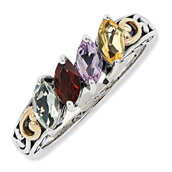 Sterling Silver & 14K Four-Stone Antiqued Mother's Ring