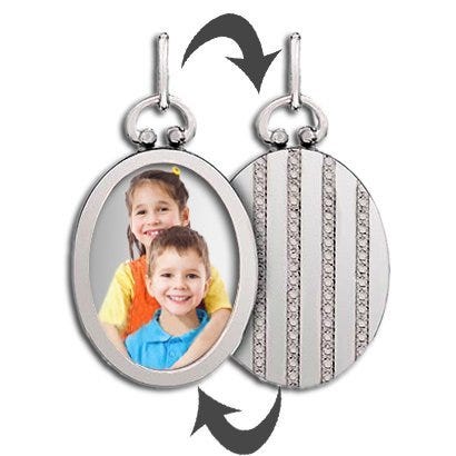 Sterling Silver Open Face Oval Photo Pendant with Striped Back