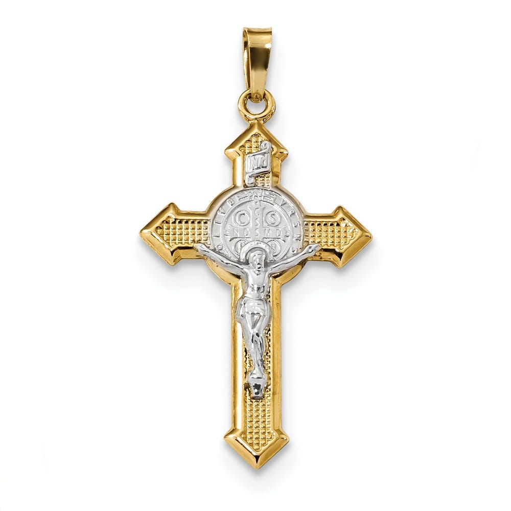 14K With Rhodium Polished St. Benedict Medal Inri Crucifix Pendant