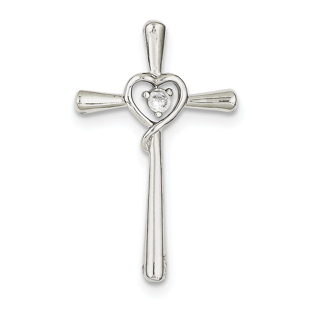 Sterling Silver Cz In Heart Cross Pendant