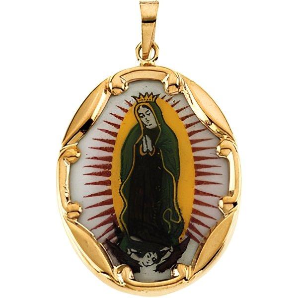 14K Gold And Porcelain Our Lady Of Guadalupe Religious Medal