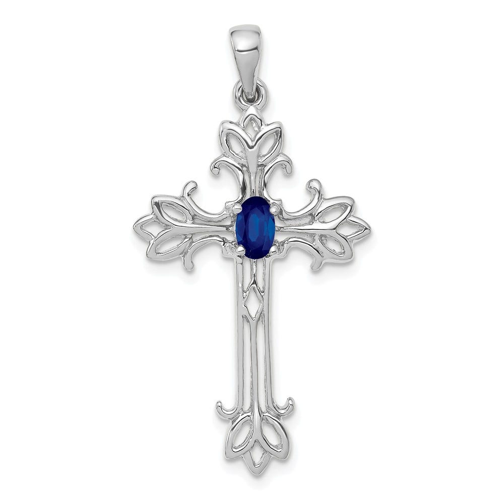 14K White Gold Sapphire Cross Pendant