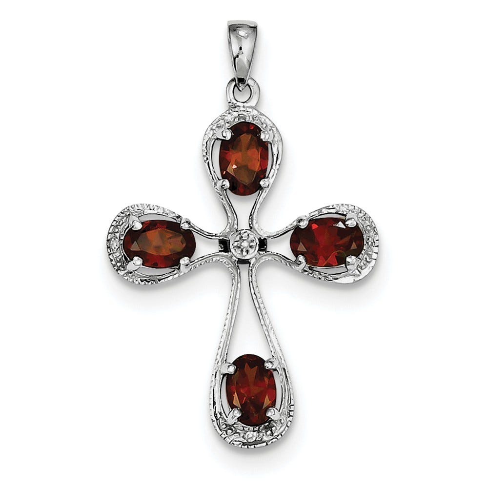 Sterling Silver Garnet And Diamond Oval-Cluster Cross Pendant