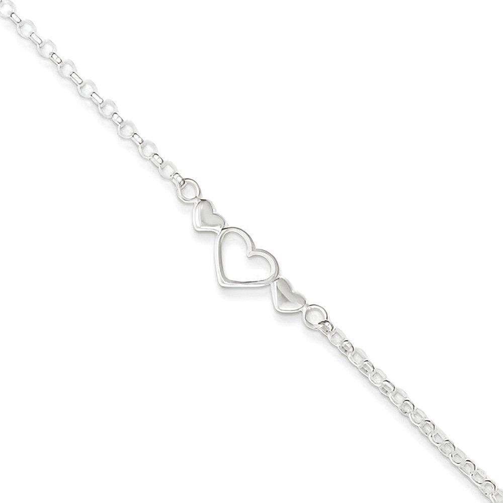 Sterling Silver Polished Triple Heart Anklet