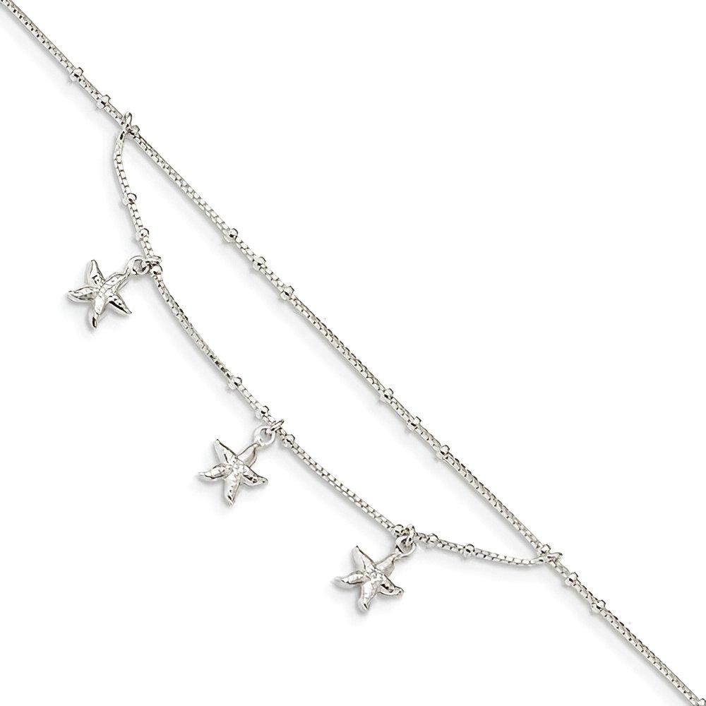 Sterling Silver Polished 2-Strand Starfish Anklet with 1 Inch Ext.