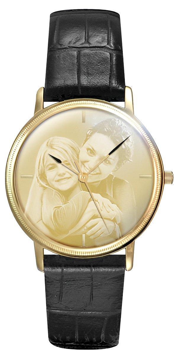 Men's Swiss Photo Laser Watch with Black Leather Band