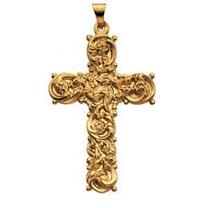 14K Yellow Gold Ornate Scroll Cross Pendant