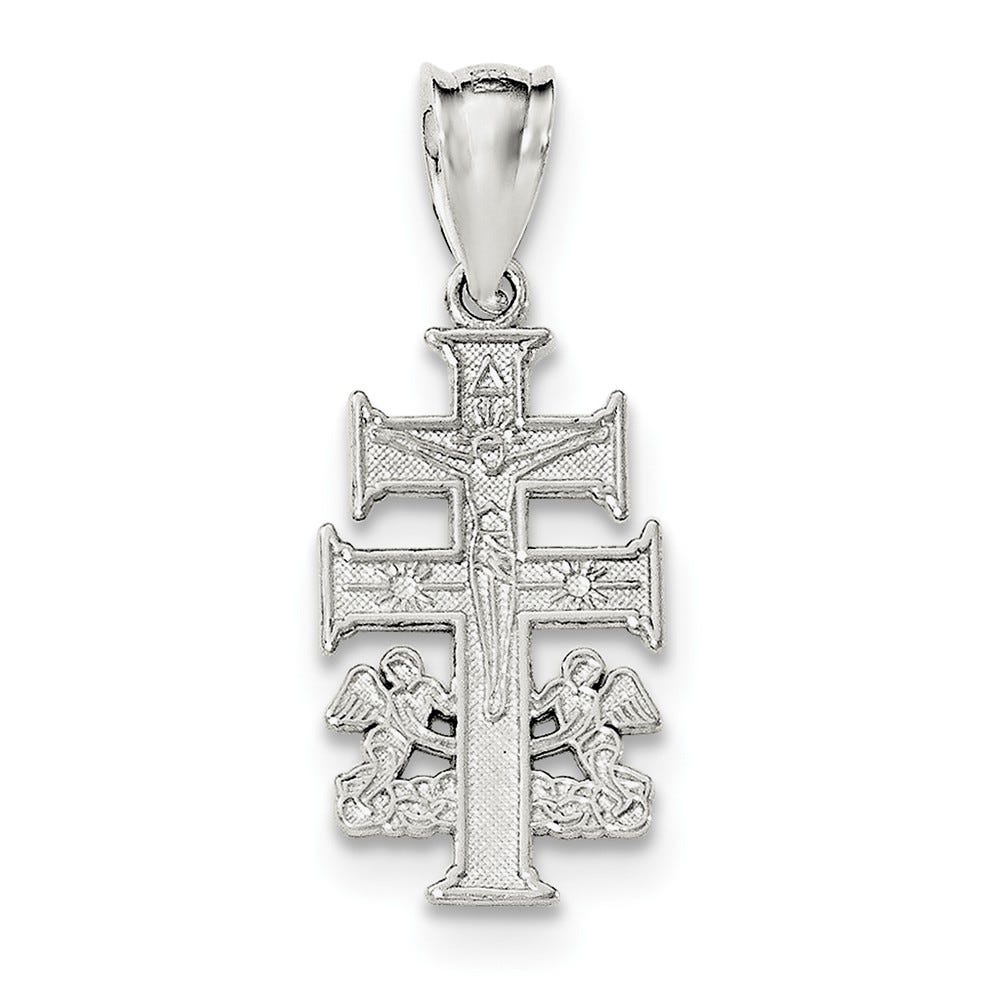 Sterling Silver Polished Caravaca Double Cross With Angels Crucifix Pendant