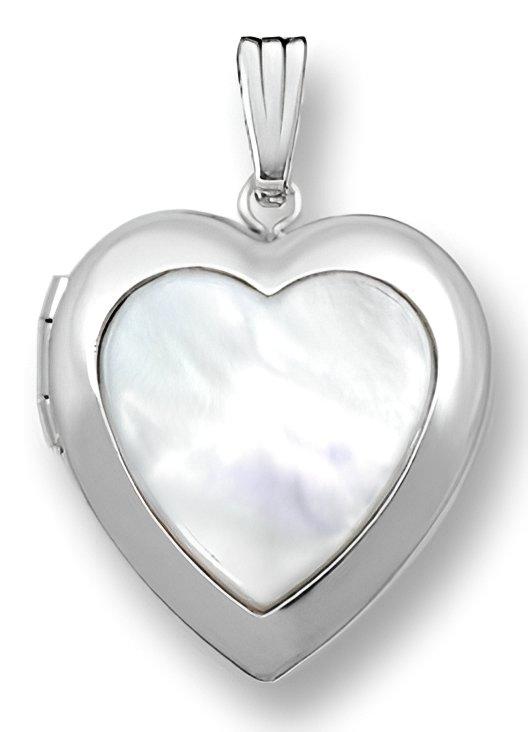 14K White Gold Mother Of Pearl Heart Photo Locket