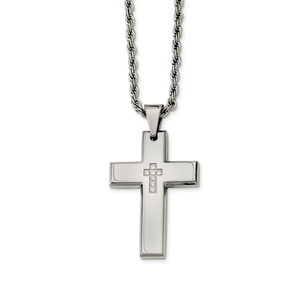 Stainless Steel Cz Cross Pendant Necklace