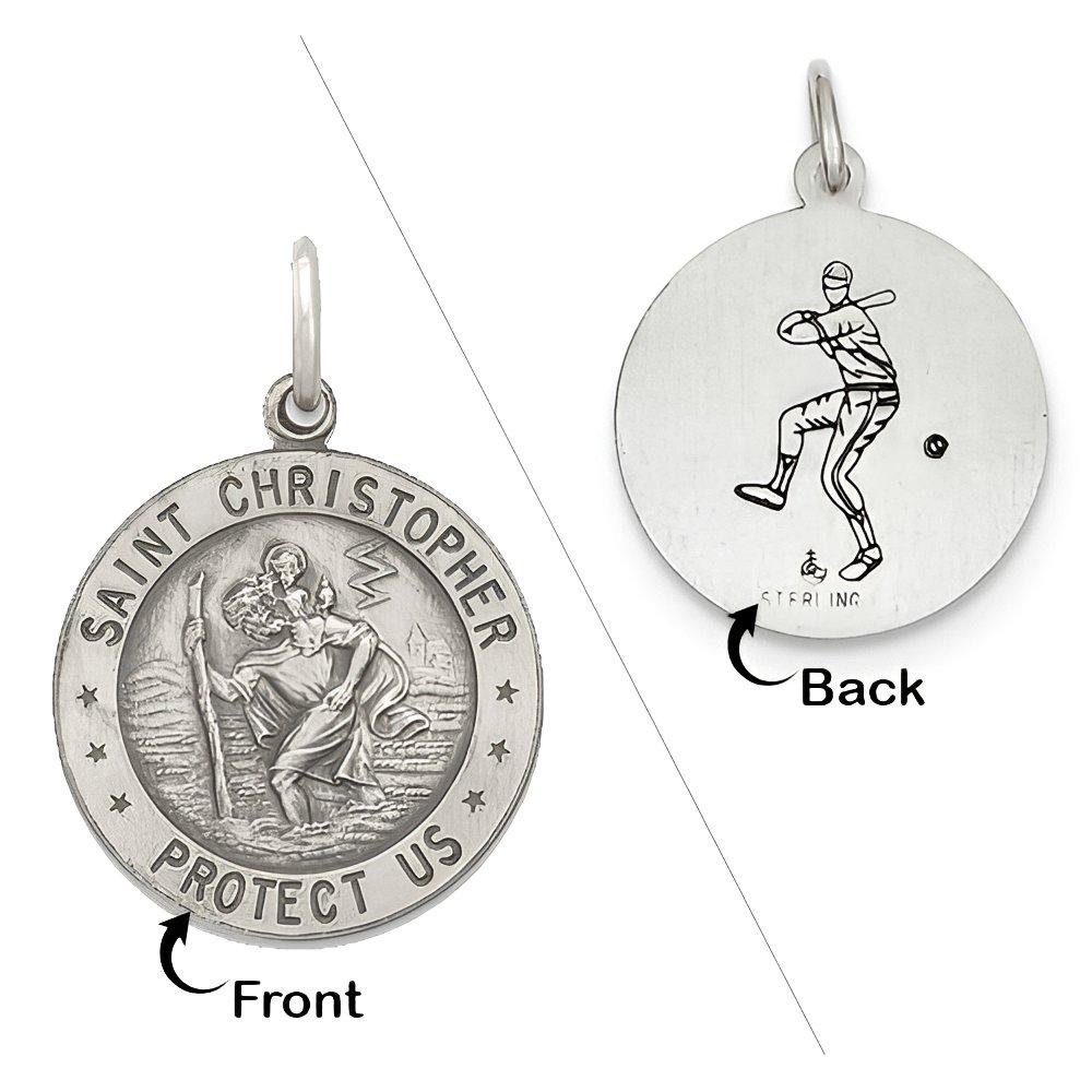 Sterling Silver Saint Christopher Double Sided Baseball Round Religious Medal