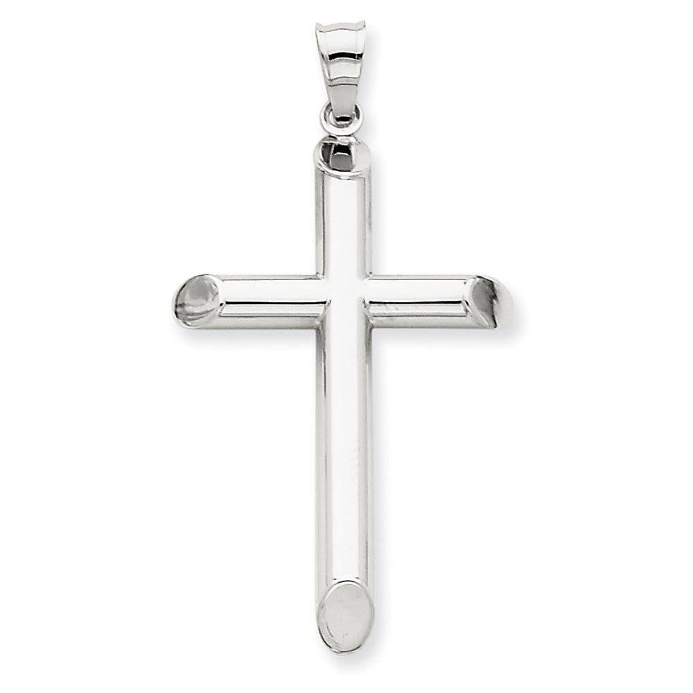 14K White Gold Polished Hollow Rounded-End Cross Pendant