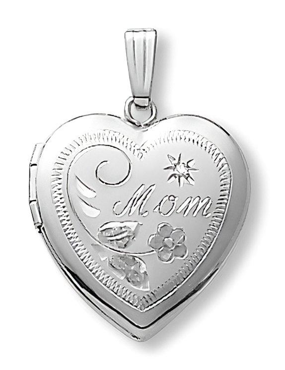 14K White Gold Mom Heart Photo Locket With Diamond