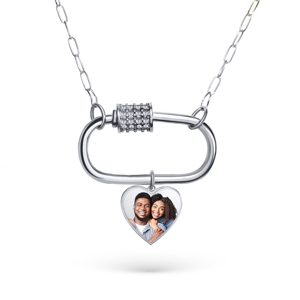 Carabiner Rectangle Pendant Necklace with CZ Barrel and Dangle Photo Charms / Chain Included