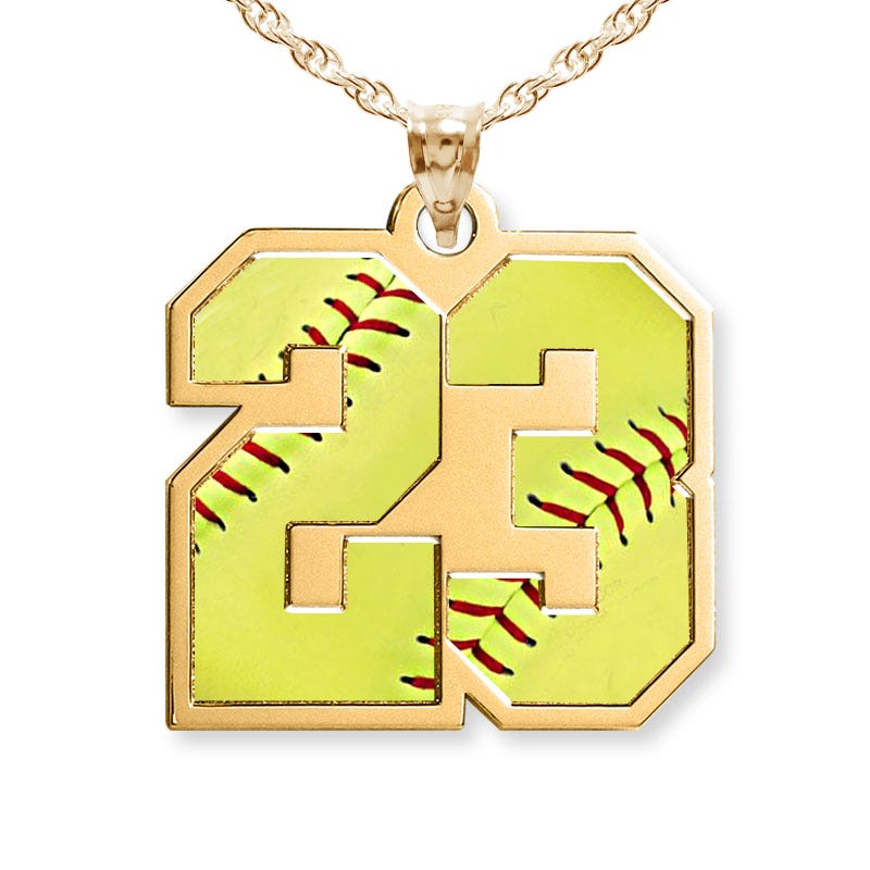 Color Enameled Softball Number Charm or Pendant with 2 Digits