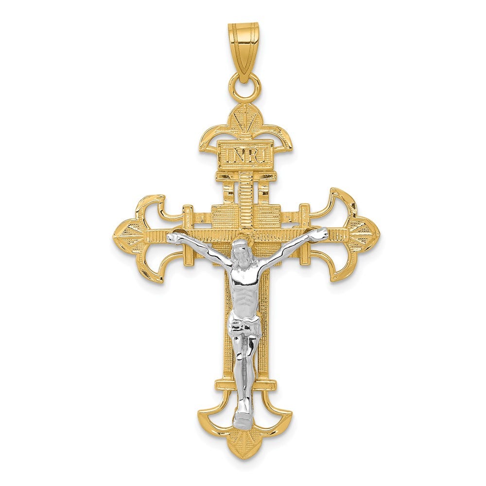 14K Two-Tone Inri Ornate-Scroll Crucifix Pendant