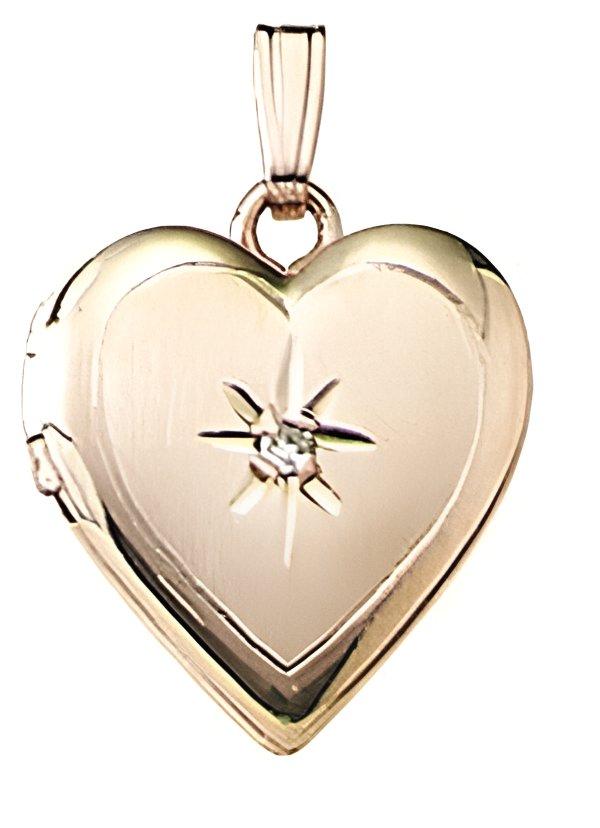 Solid 14K Yellow Gold Small Heart Photo Locket With Diamond