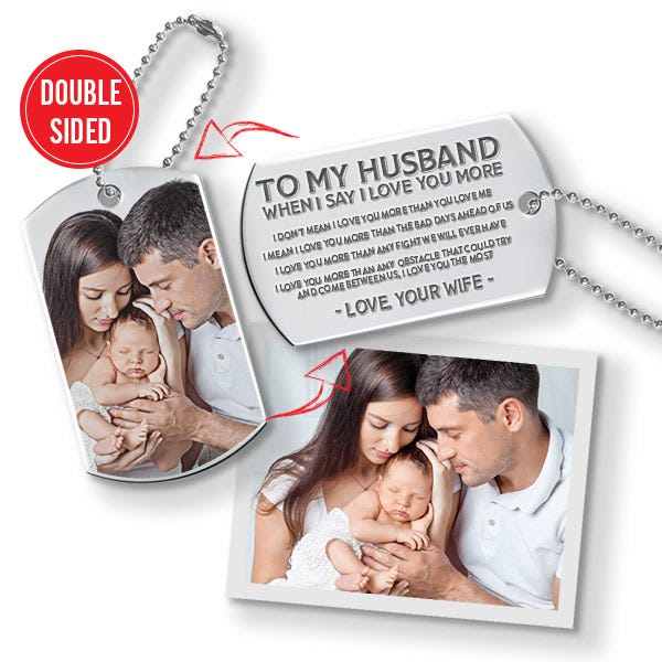 Stainless Steel ' to My Husband ' Double Sided Photo Dog Tag with Keychain Attachment