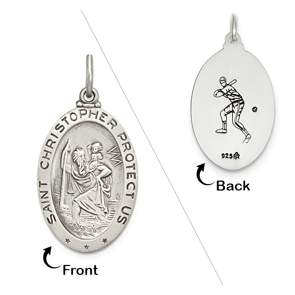 Sterling Silver Saint Christopher Double Sided Baseball Oval Religious Medal