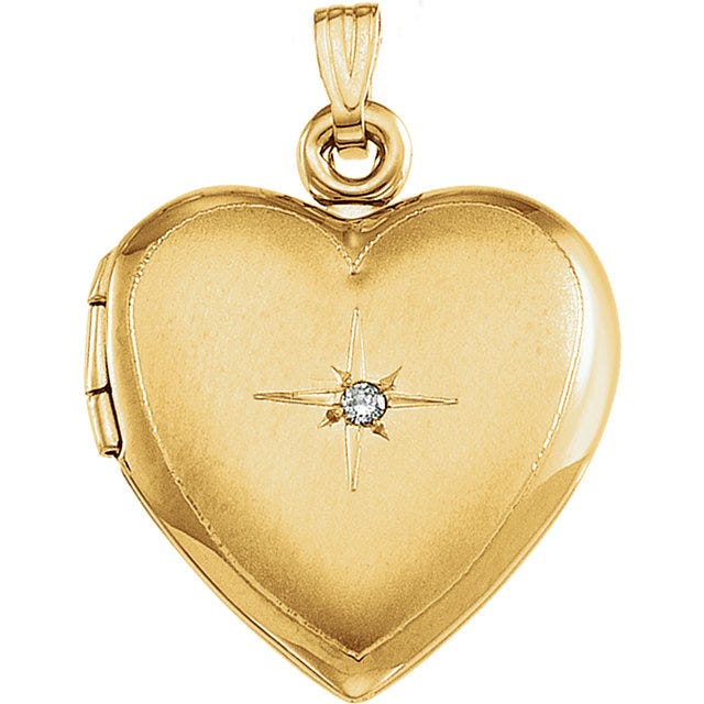 Solid 14K Yellow Gold Heart Photo Locket With Diamond