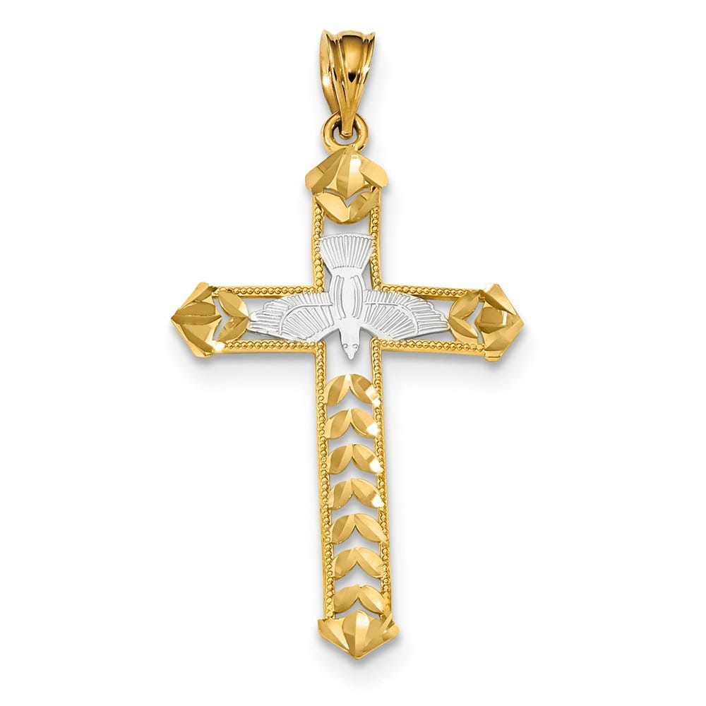 White Rhodium And Yellow Polished Diamond Cut Dove Cross Pendant