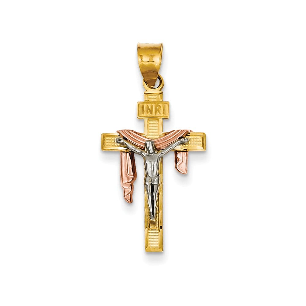 14K Tri Color Diamond Cut Large Draped Inri Crucifix Pendant