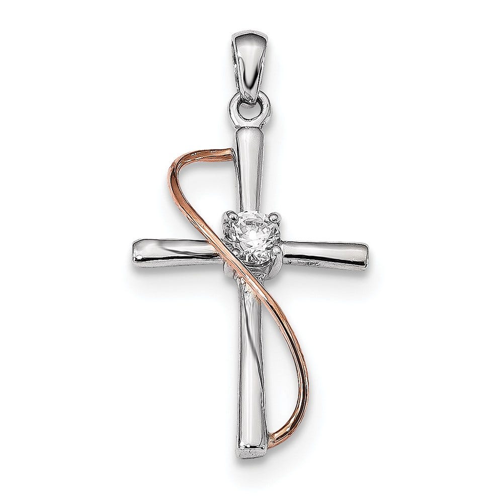 Rhodium And Rose Tone Polished Cz Cross Pendant