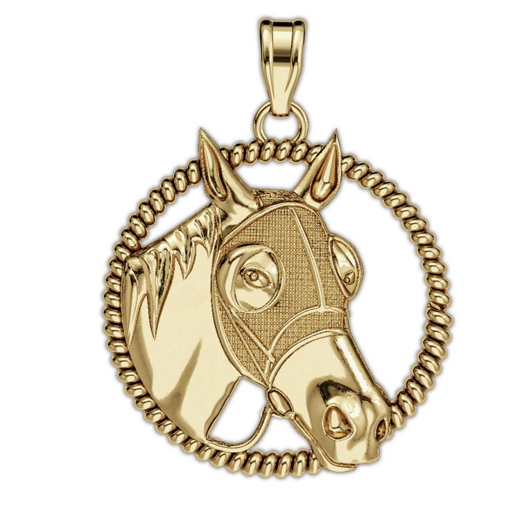 Racehorse with Blinder Mask On A Round Rope Frame Horse Jewelry Pendant or Charm