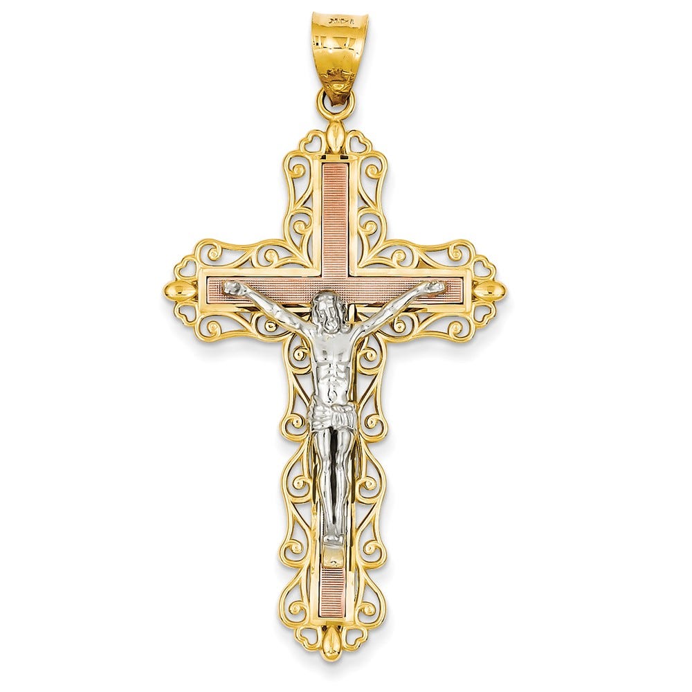 14K Tri-Color Diamond-Cut Crucifix Pendant