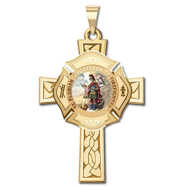 Saint Florian Personalized Fire Badge Cross Religious Color Medal