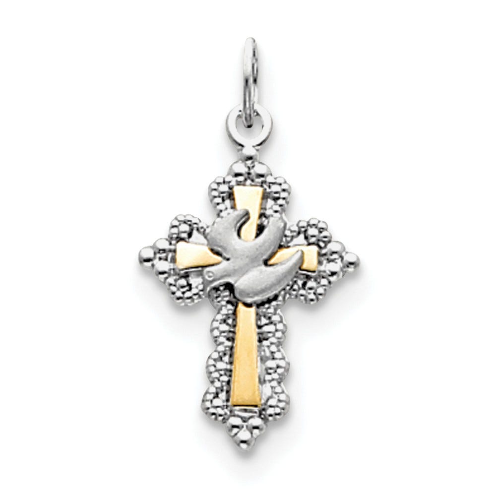 Rhodium Plated And Vermeil Dove Cross Charm