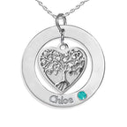 Personalized Heart Family Tree Pendant with Birthstone & Name- Includes 18 Inch Chain