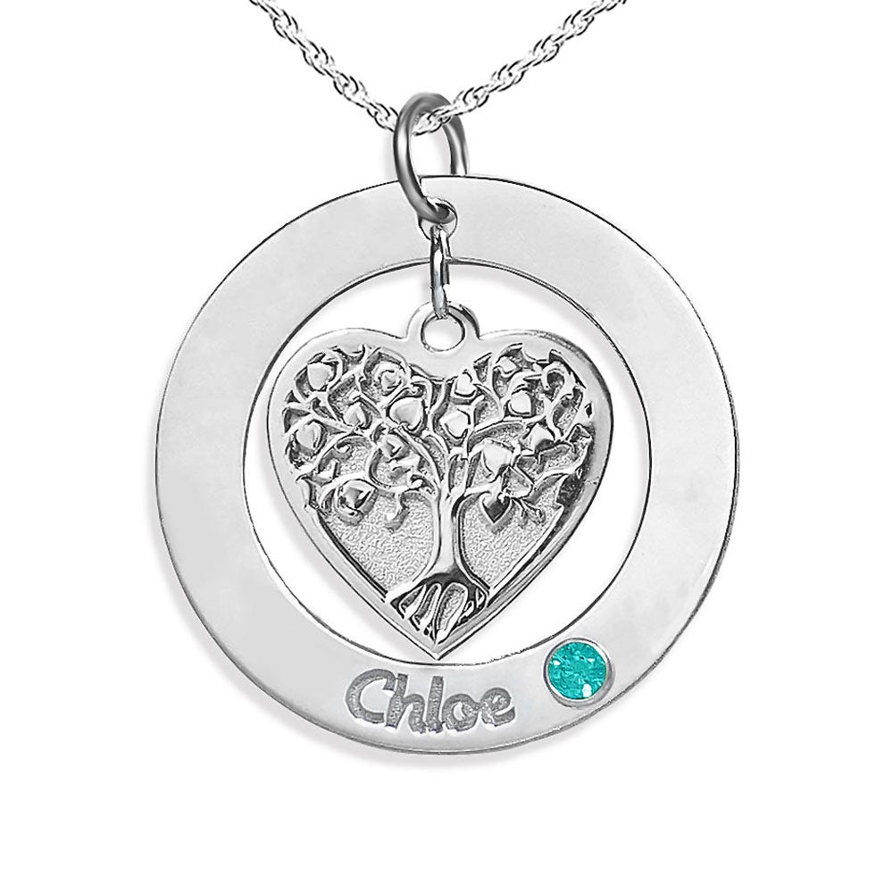 Personalized Heart Family Tree Pendant with Birthstone & Name- Includes 18 Inch Chain