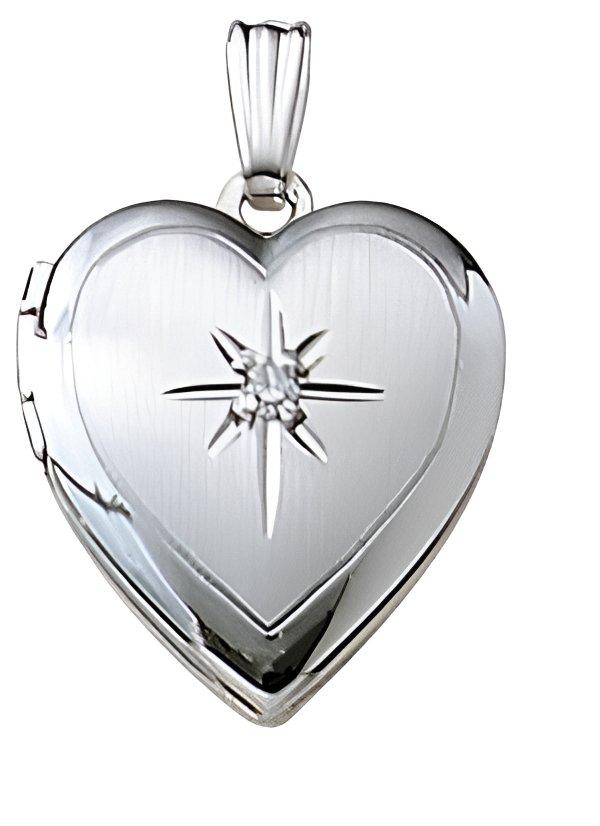 14K White Gold Heart Locket W/ Genuine Diamond
