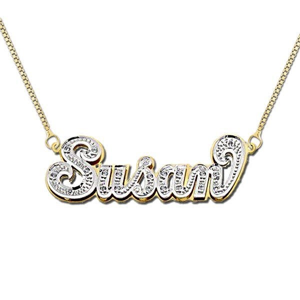 14K Yellow Gold Diamond Double Name Necklace with Box Chain