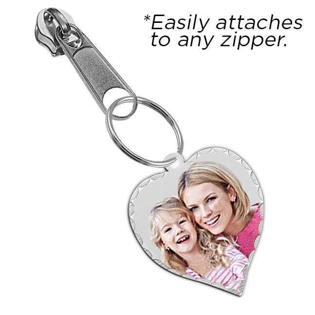 Zipper Pull Medium Heart Photo Pendant Charm with Diamond Cut Edge