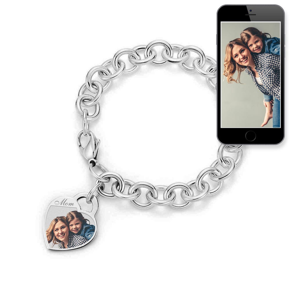 Sterling Silver Heart Mom Photo Charm Bracelet