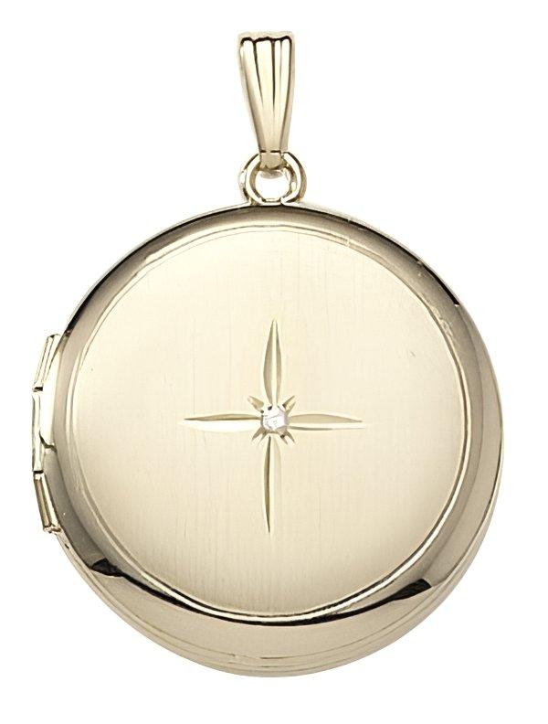 Solid 14K Yellow Gold Round Photo Locket With Diamond