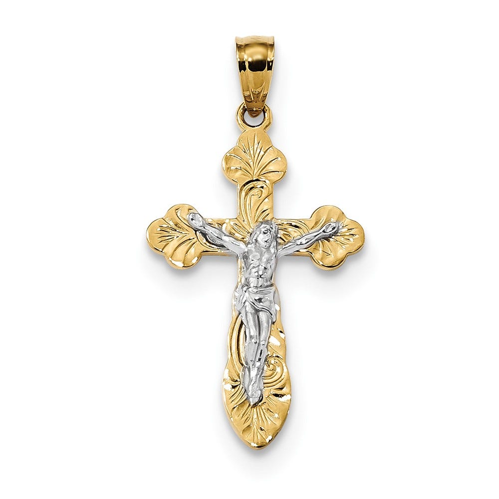 14K Two Tone Budded Crucifix Pendant