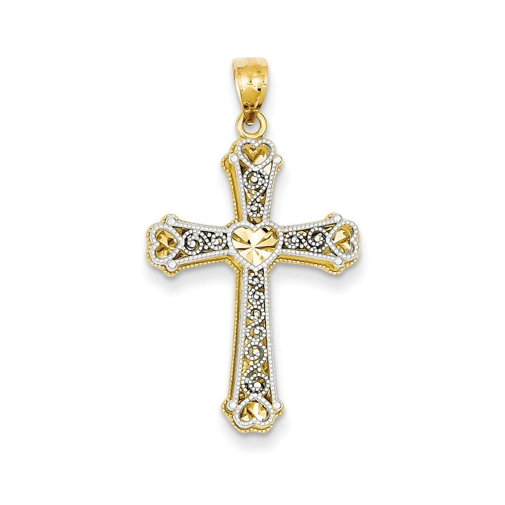 14K Two Tone Hearts Cross Pendant