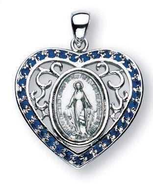 Sterling Silver Miraculous Medal With Synthetic Sapphires