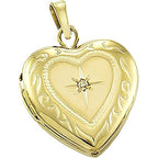 Solid 14K Yellow Gold Heart Photo Locket With Diamond