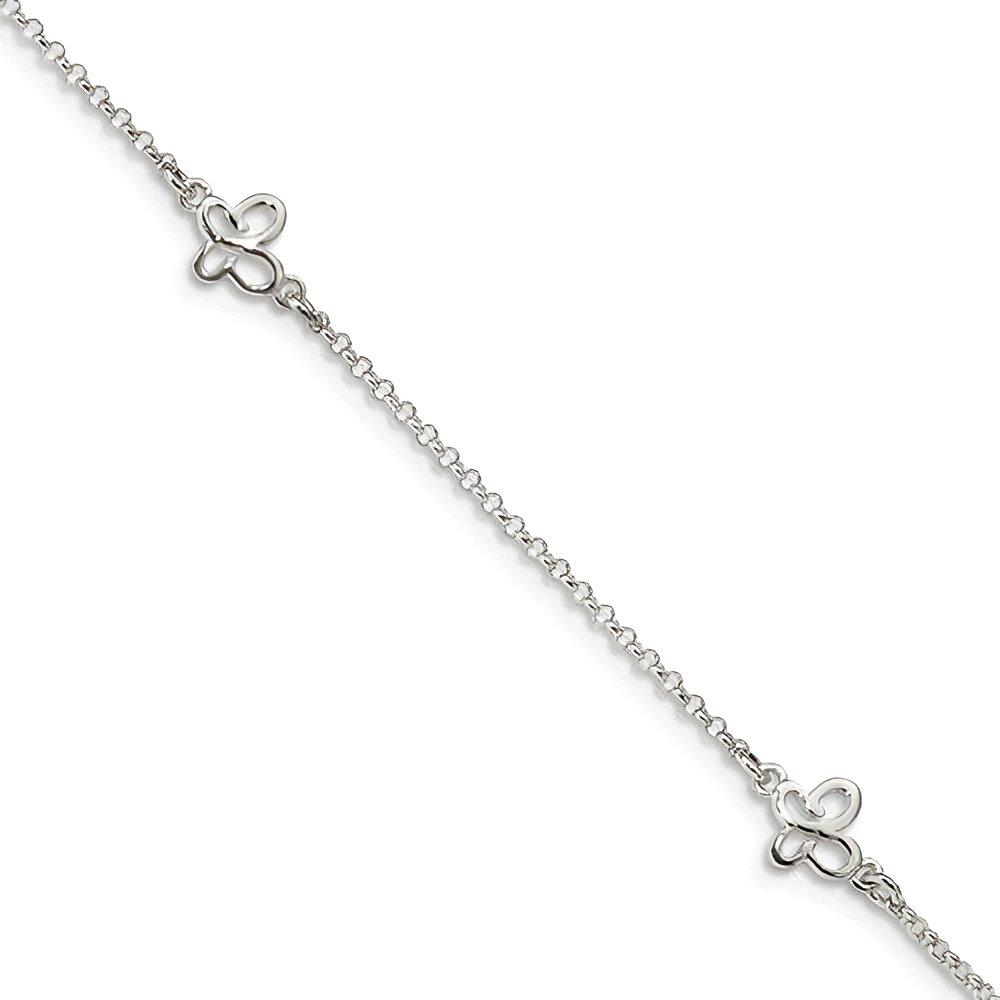 Sterling Silver Polished Butterfly Anklet with 1 Inch Ext.
