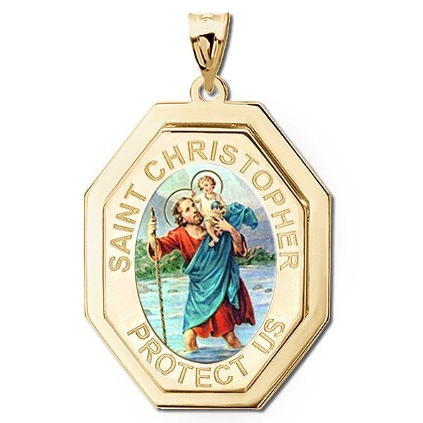Saint Christopher Three Dimensional Premium Weight Long Octagon Religious Medal - "Color"