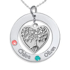 Personalized Round Family Tree Pendant with Two Birthstones & Names- Includes 18 Inch Chain