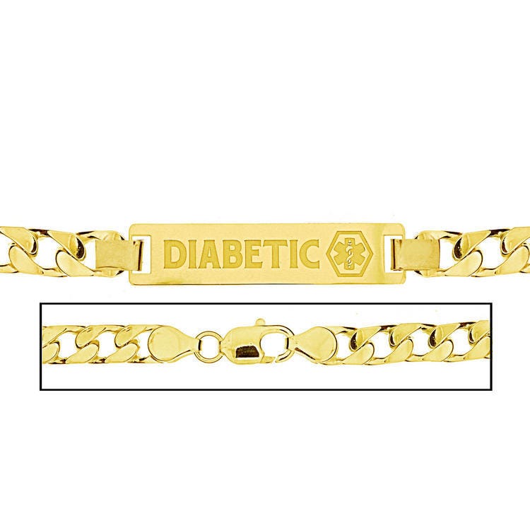 Solid 14K Yellow Gold Men's Curb Link Medical Diabetic ID Bracelet