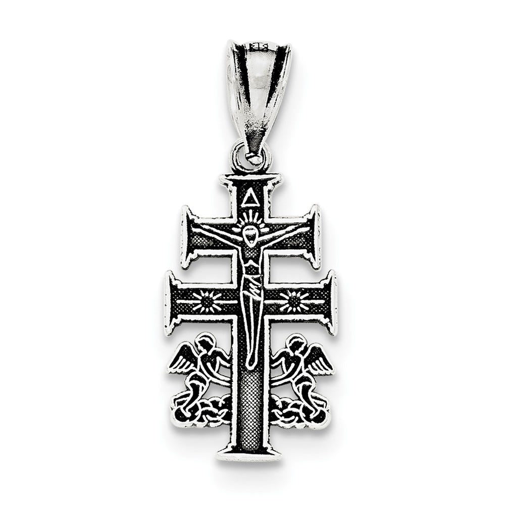 Antiqued Caravaca Double Cross With Angels Crucifix Pendant