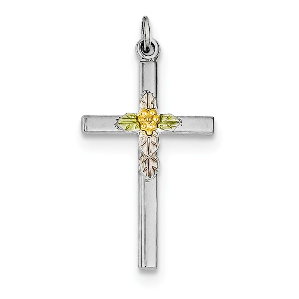 Sterling Silver Rhodium Plated Polished Epoxy And Gold Plated Cross Pendant