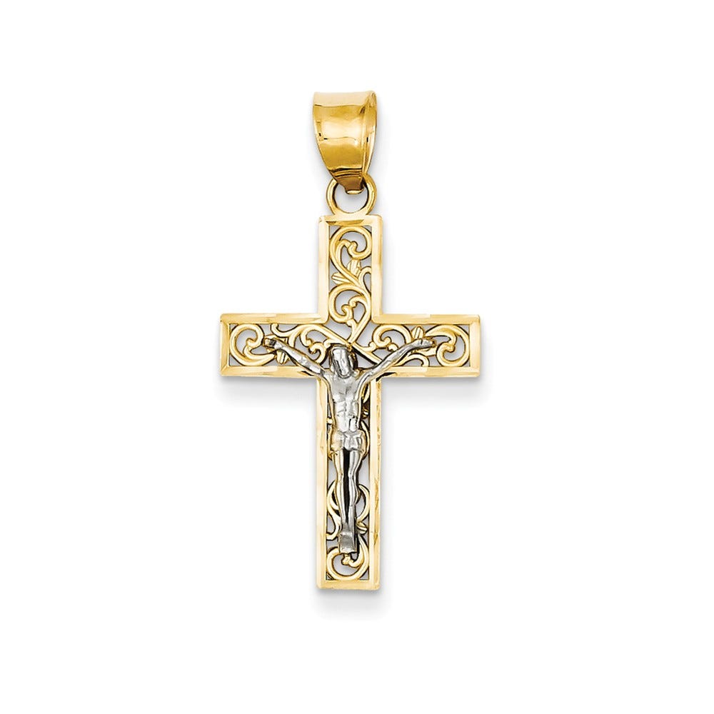 14K Two-Tone Block Filigree Cross With Crucifix Pendant